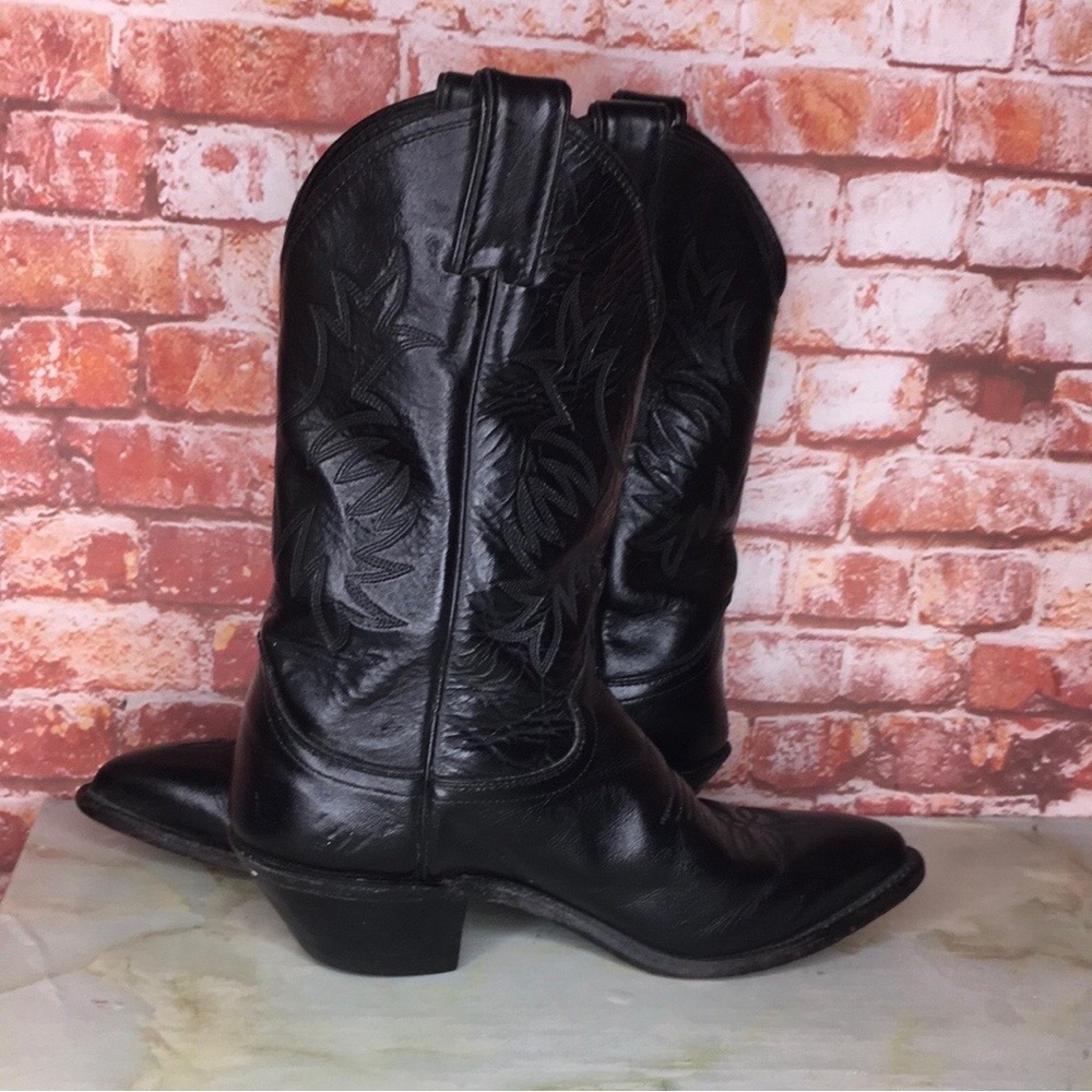 Justin Boots Black Leather Western Heeled Cowboy Boots - Picture 4 of 9